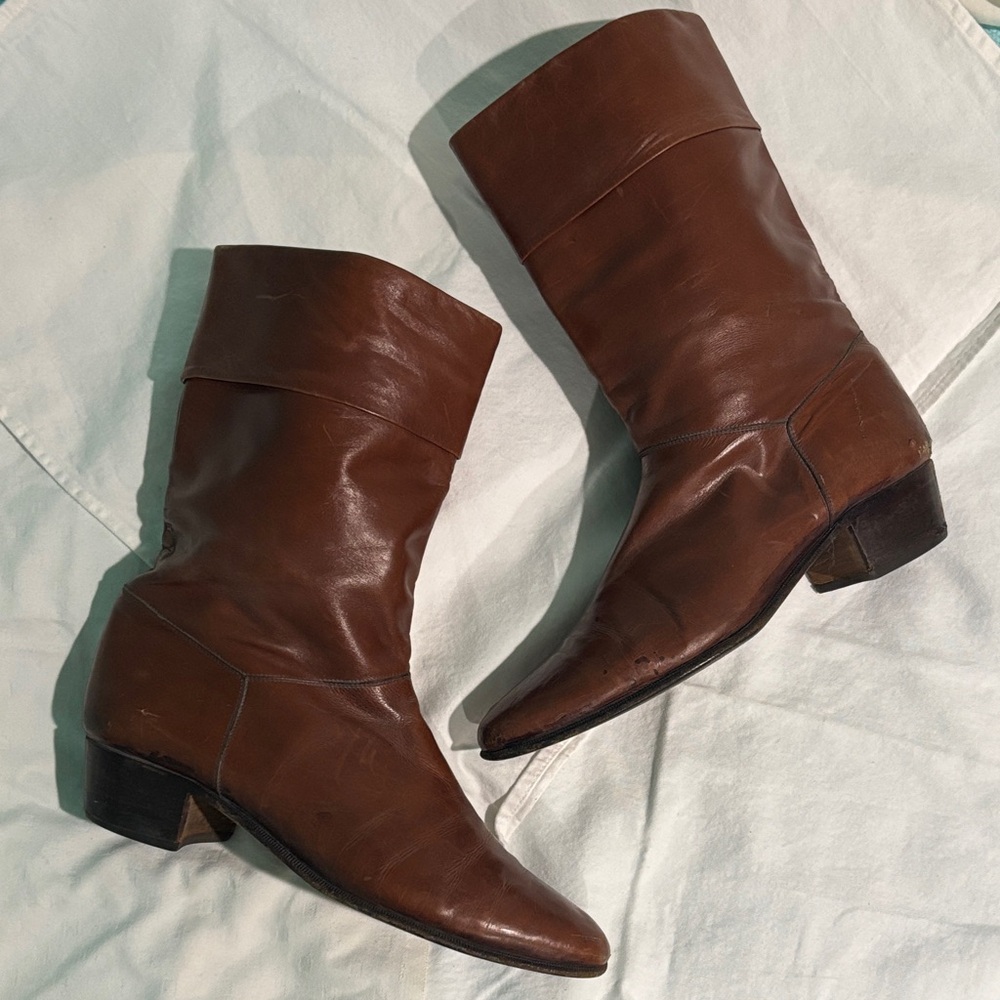 Bruno Magli Brown Italian Leather Mid-Calf Cowboy Boots